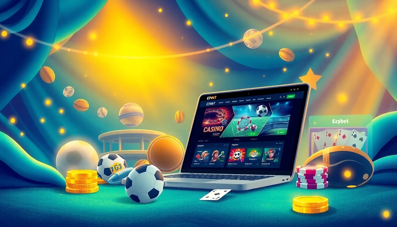 Ezybet online betting scene with sports equipment and cards inviting players