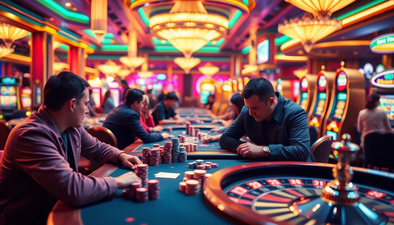 Experience the thrill of game bài đổi thưởng with players at dynamic casino tables, vibrant slot machines, and a roulette wheel in play.