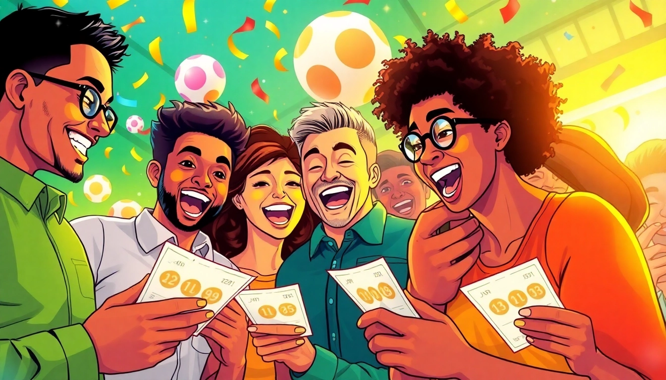 Excited lottery players check their tickets amidst colorful decorations.