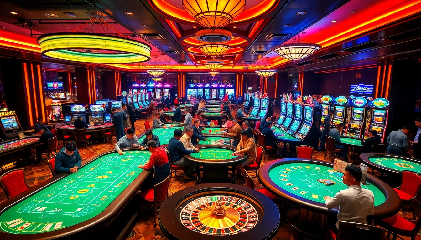 Explore vibrant casino games at Nhà cái uy tín, showcasing poker tables, roulette wheels, and lively players.