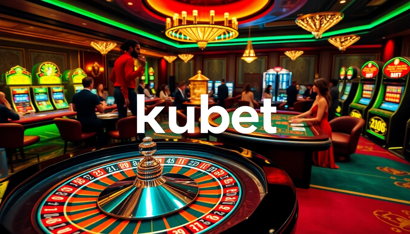 Experience the thrill at Kubet's luxurious casino, featuring players at poker tables and a glowing roulette wheel.