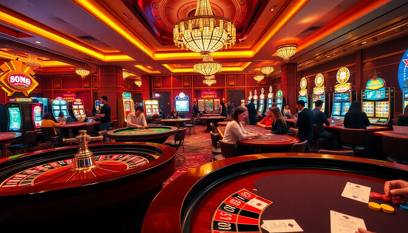 Engaged players on the vibrant casino floor at nhà cái 69VN, showcasing roulette, poker, and slot games.