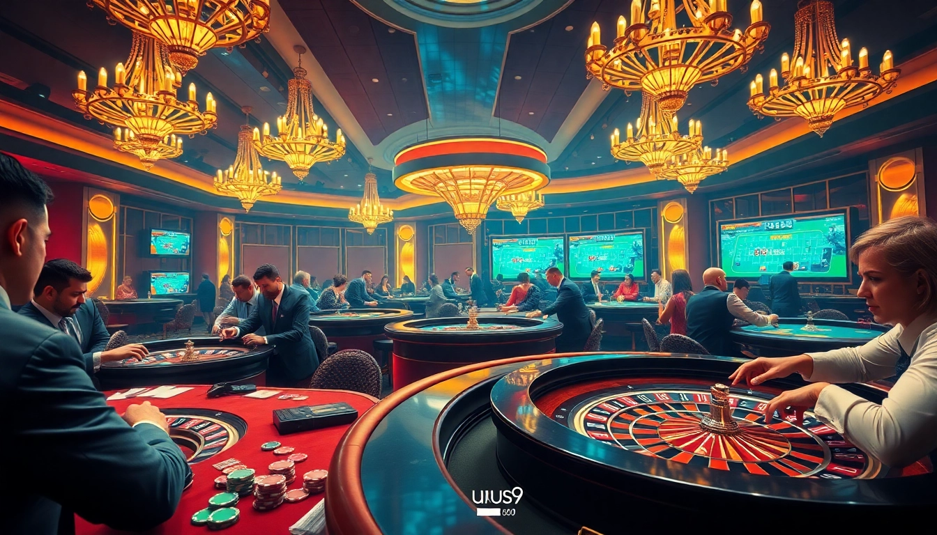 Players engage in thrilling roulette strategies at tables while discussing urus9 betting techniques, in a luxurious casino.