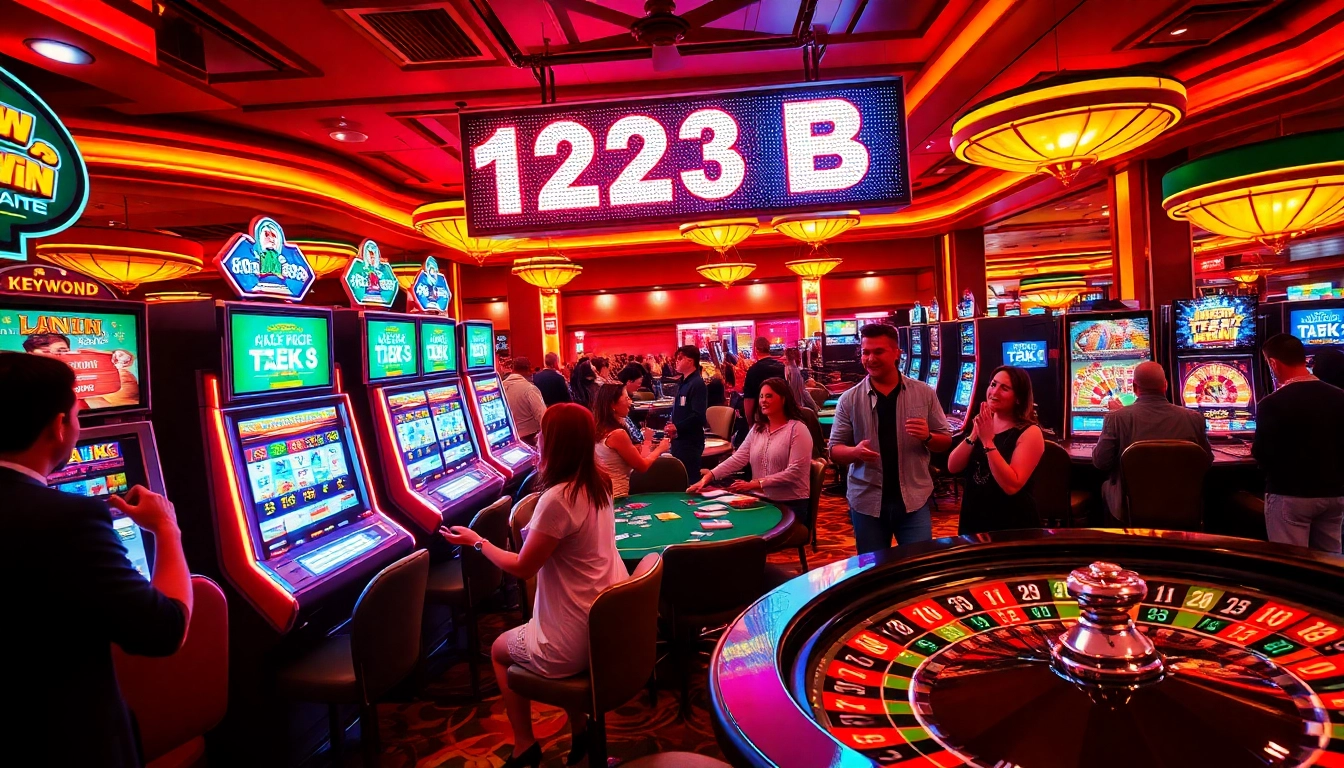 Guests enjoy thrilling games at a casino scene featuring lively action around "123 B" jackpot slots.