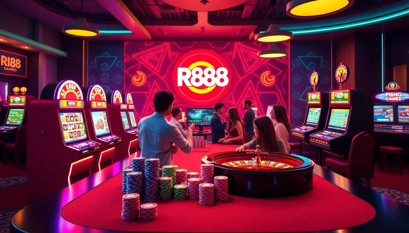 rr88 đăng nhập screens showcasing players in a dynamic casino environment filled with slot machines and poker chips.