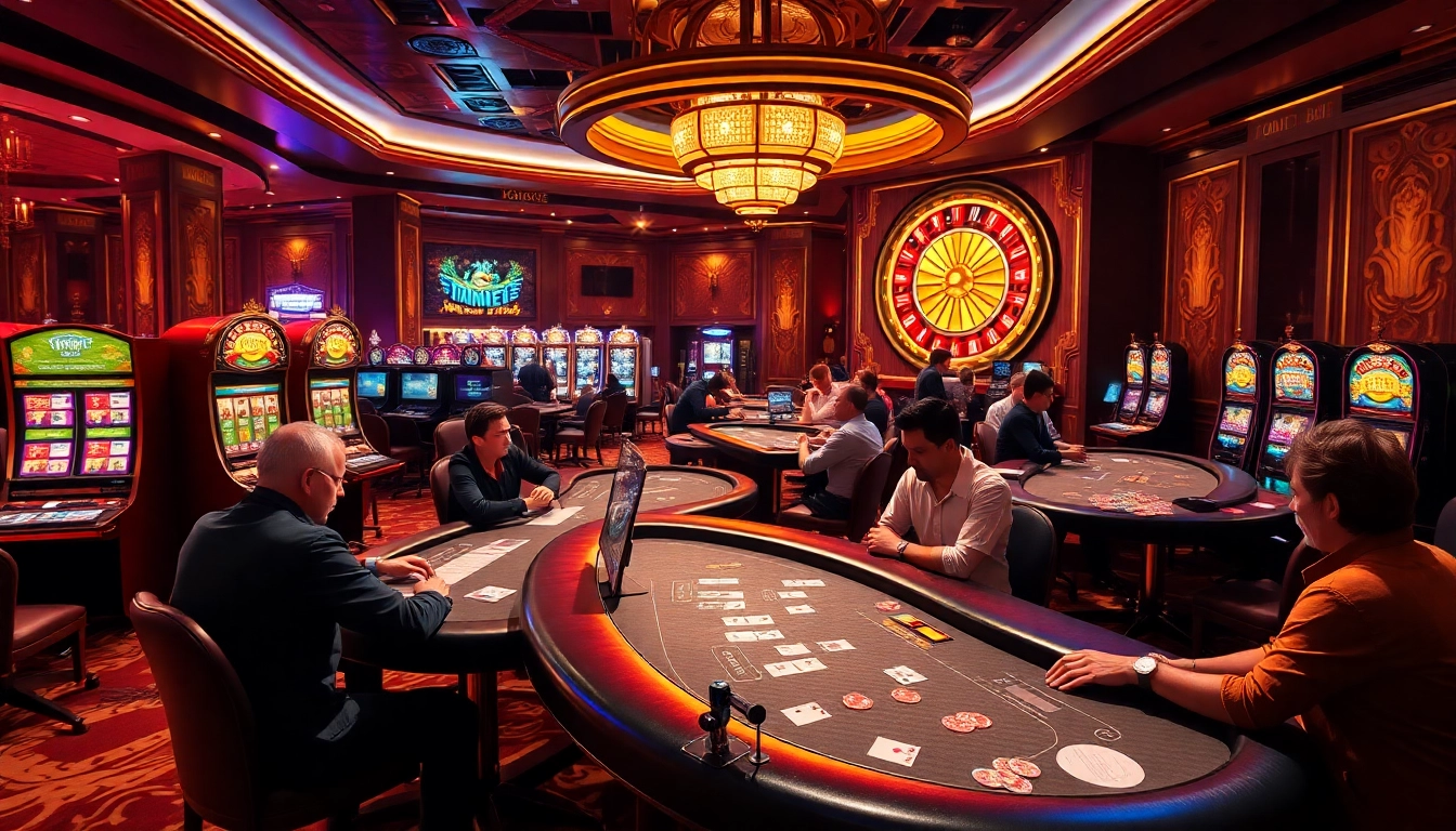 Experience the thrill of deneme bonusu veren siteler featuring lively casino activities with poker tables and slot machines.