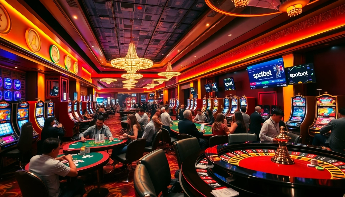 Spotbet: Players enjoy vibrant casino action at poker and roulette tables, celebrating wins.