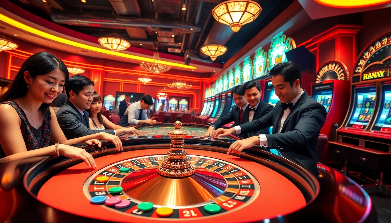 Players excitedly engaging in kèo nhà cái hôm nay at a lively casino table, surrounded by colorful chips and vibrant slot machines.