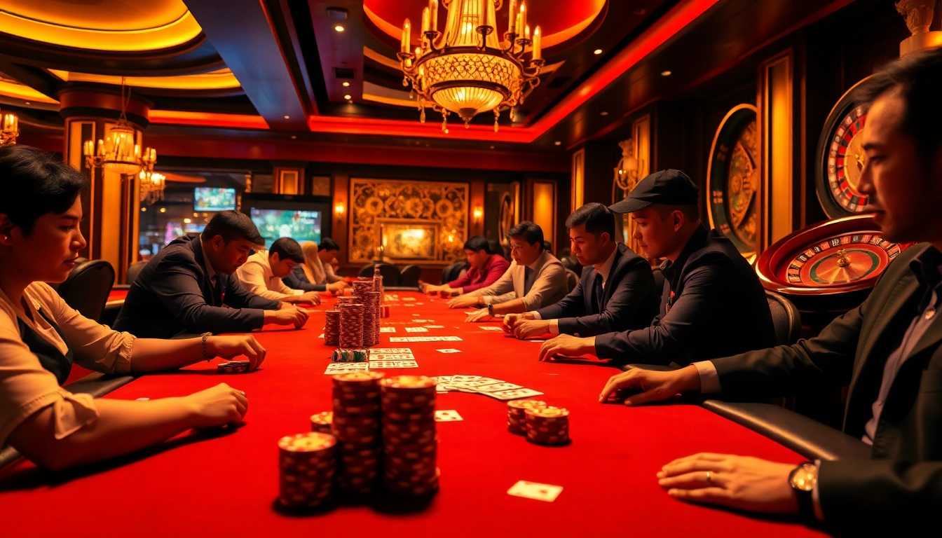 Experience the thrill of gambling with https://68gamebai.download/ as players engage in high-stakes poker at a bustling casino.