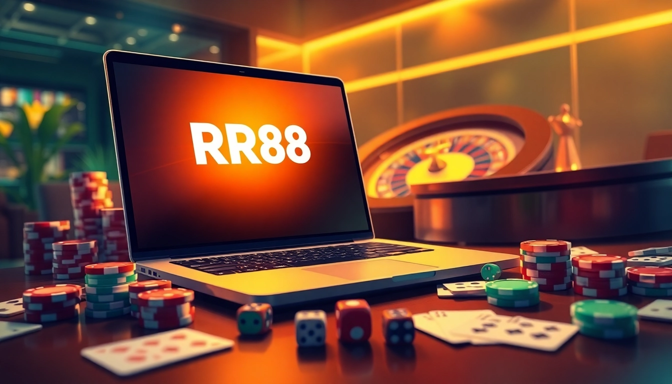 RR88 đăng nhập process on a sleek laptop, surrounded by vibrant poker chips and roulette wheel