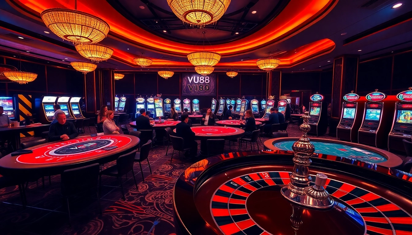 VU88 casino scene featuring players at baccarat tables and a roulette wheel amidst vibrant slot machines.