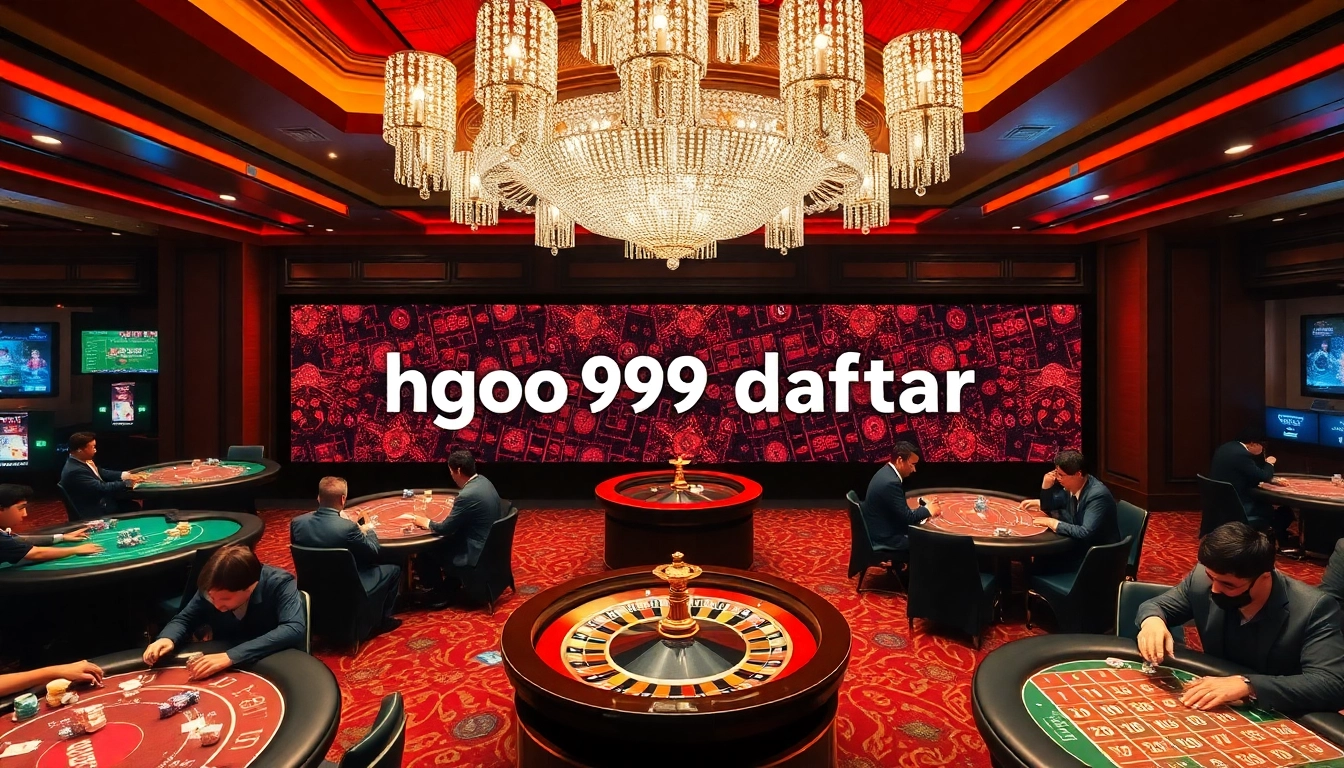 Players enjoying a thrilling game at a casino while "hgo909 daftar" flashes invitingly on a digital board.