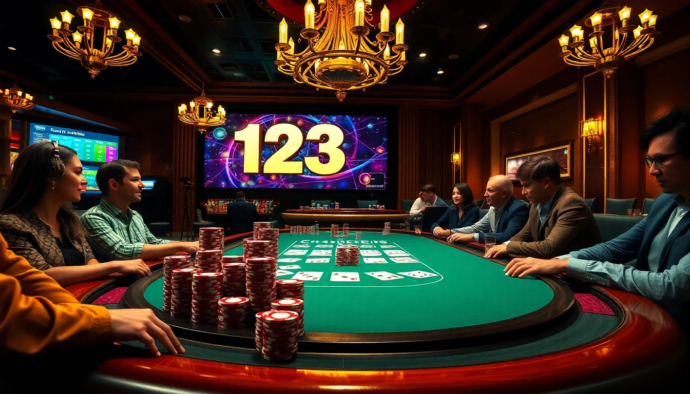 Experience thrilling poker action at a casino featuring “123 B” on a backdrop sign, enhancing excitement.