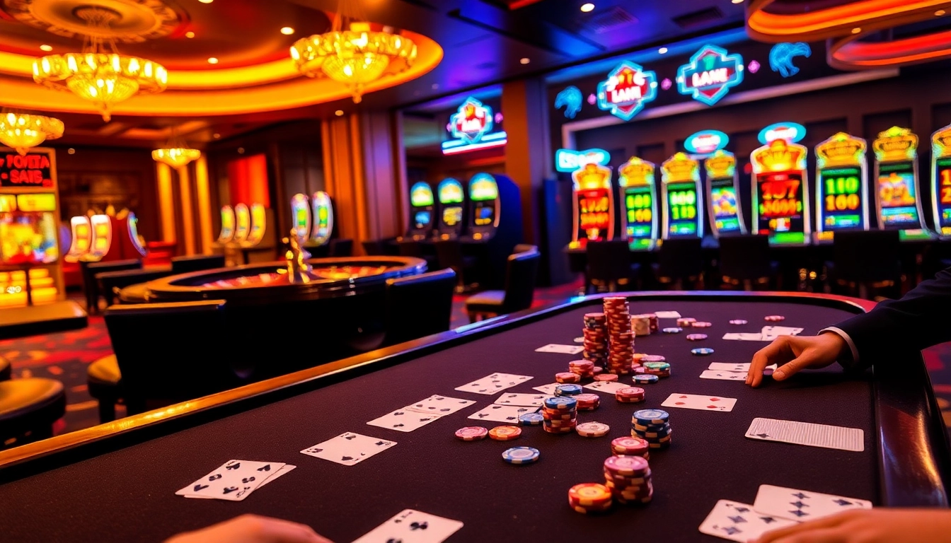 A dynamic view of a casino scene featuring poker chips and cards at https://nhacaiuytin.place/, illustrating the thrill of gambling.