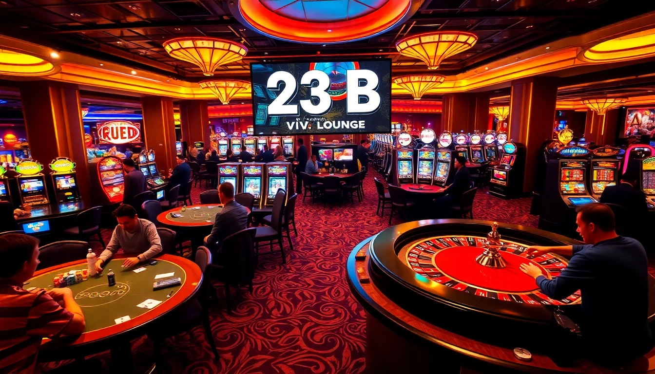 Players intensely engage at a vibrant casino with various games, featuring the luxurious "123 B" VIP lounge.