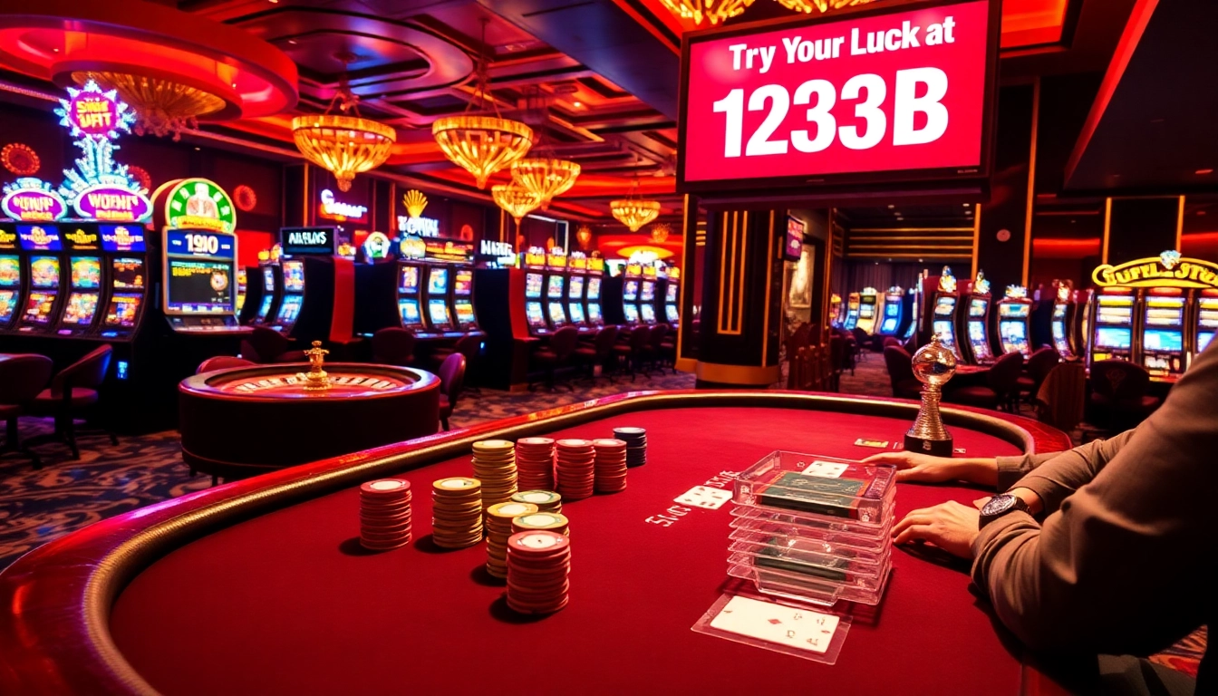Experience the excitement of casino gaming at 123 B, with players at a vibrant poker table amid lively slot machines.