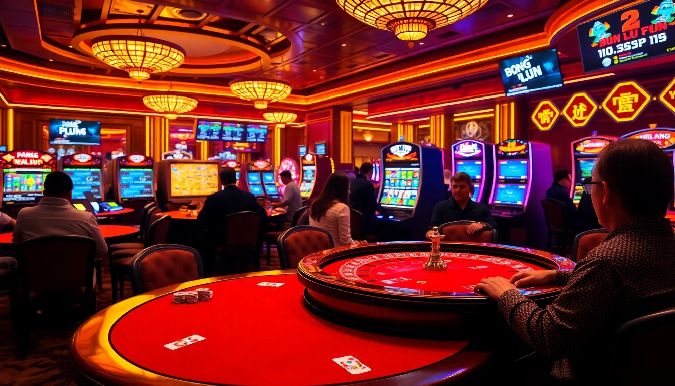 Bong da lu fun captures the thrill of vibrant casino activity, showcasing poker tables and roulette wheels.