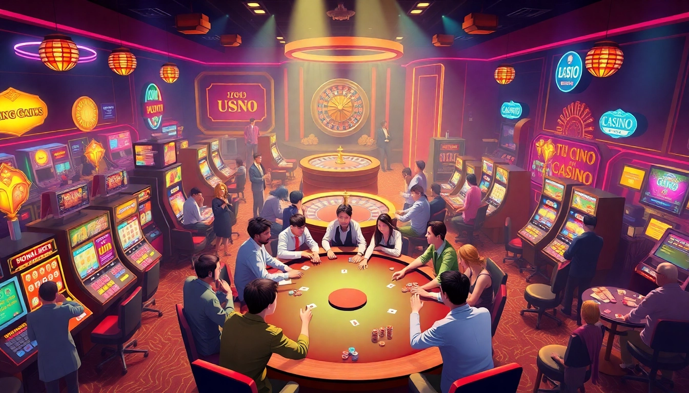 Players celebrating wins at TRANG CHỦ U888's exciting casino floor filled with roulette wheels and poker tables.