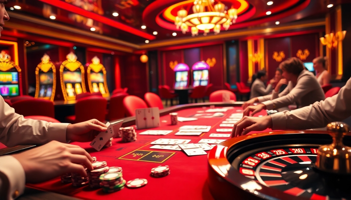 Exciting poker action at ku bet with colorful chips and engaged players in a vibrant casino setting.