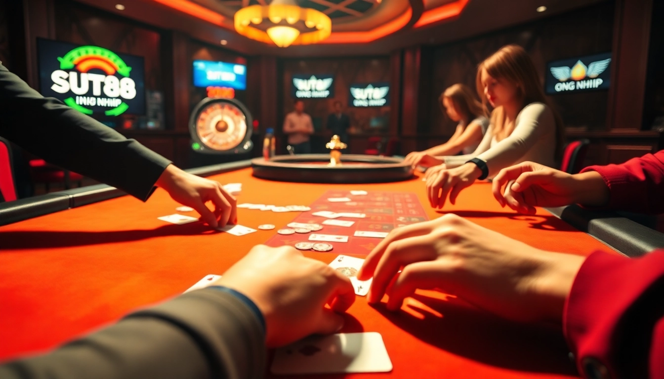 SUT88 ĐĂNG NHẬP: Players enjoying an engaging poker session at a lavish casino table illuminated in luxurious shades.