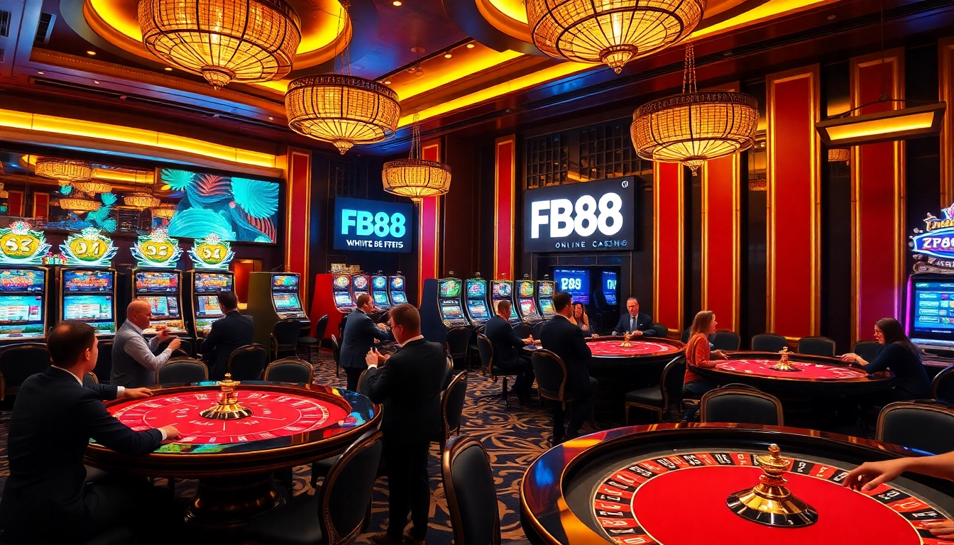 Experience the excitement of FB88 as players enjoy roulette and poker in a luxurious casino.