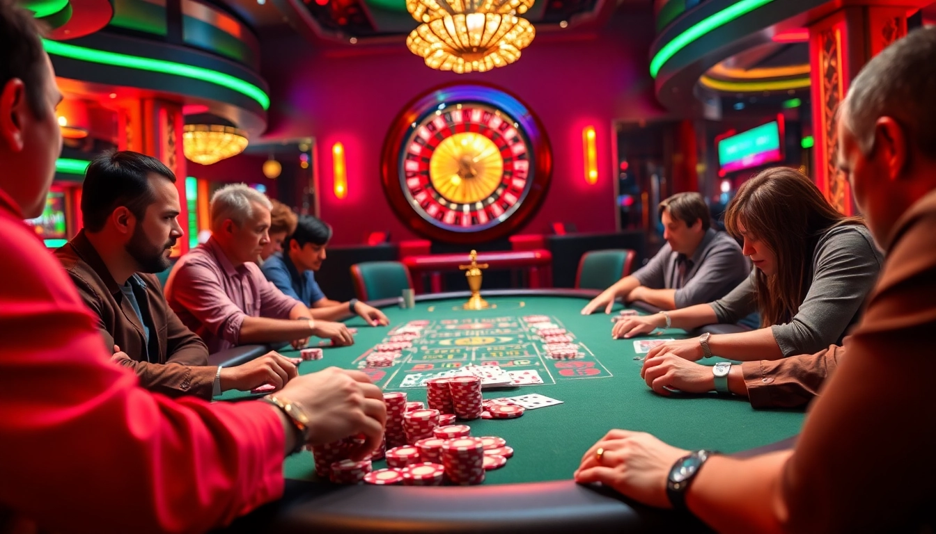 Experience the excitement of Supertkb88 at a crowded poker table, with vibrant chips and eager players.