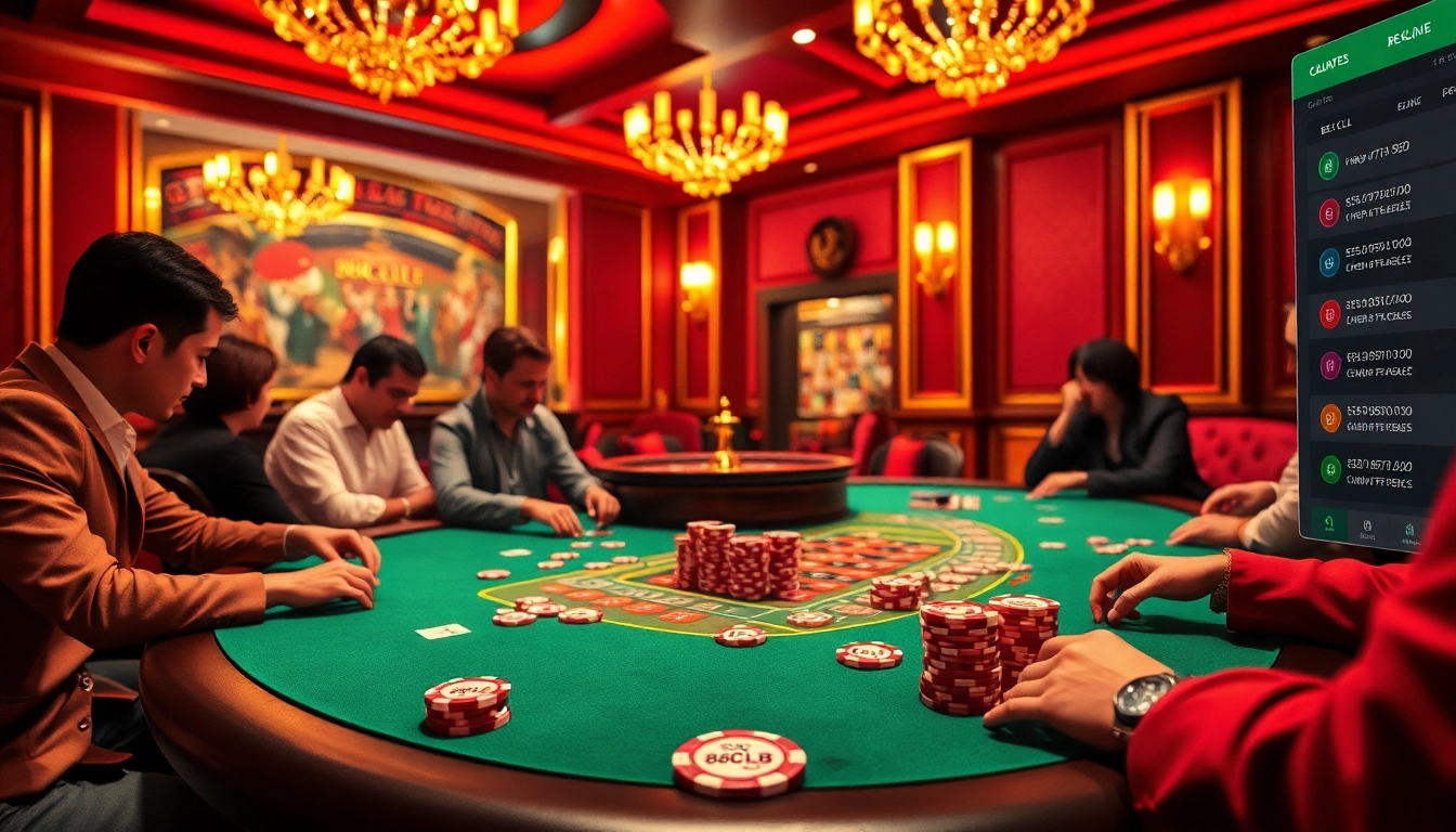 88CLB players compete fiercely at a poker table, with poker chips flying across an illuminated casino setting.